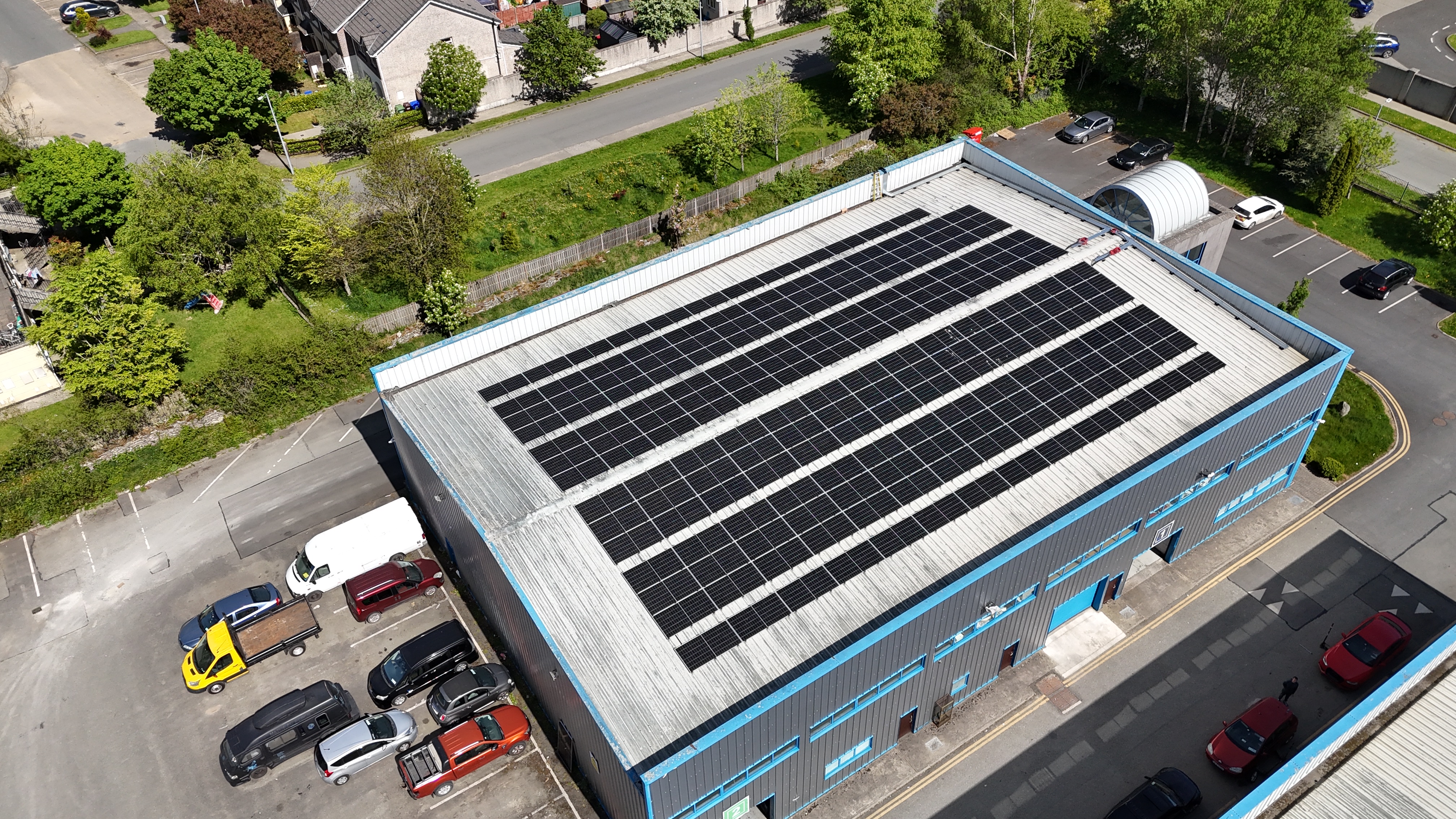 Top-down commercial roof solar install